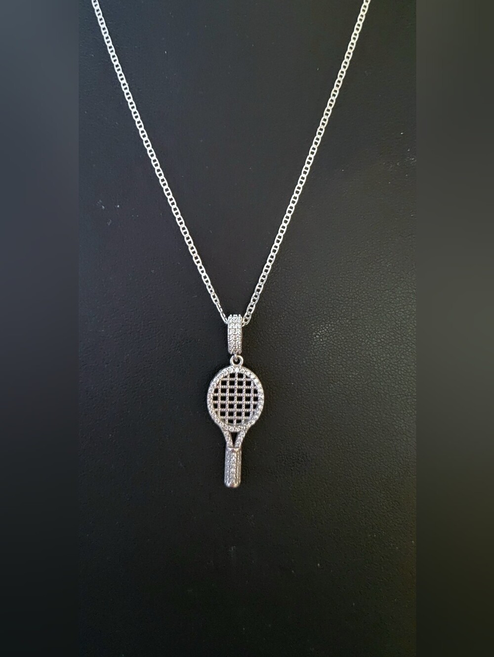 Sterling Silver Tennis Racket Pendant Necklace With Moissanite Accent Stones